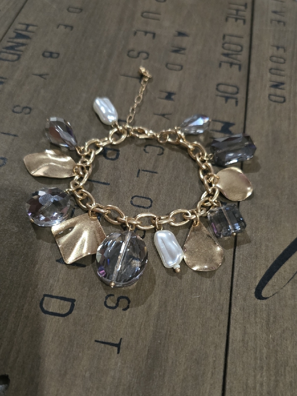 Gold Charm Bracelet with Smoky Crystal and Pearl Accents